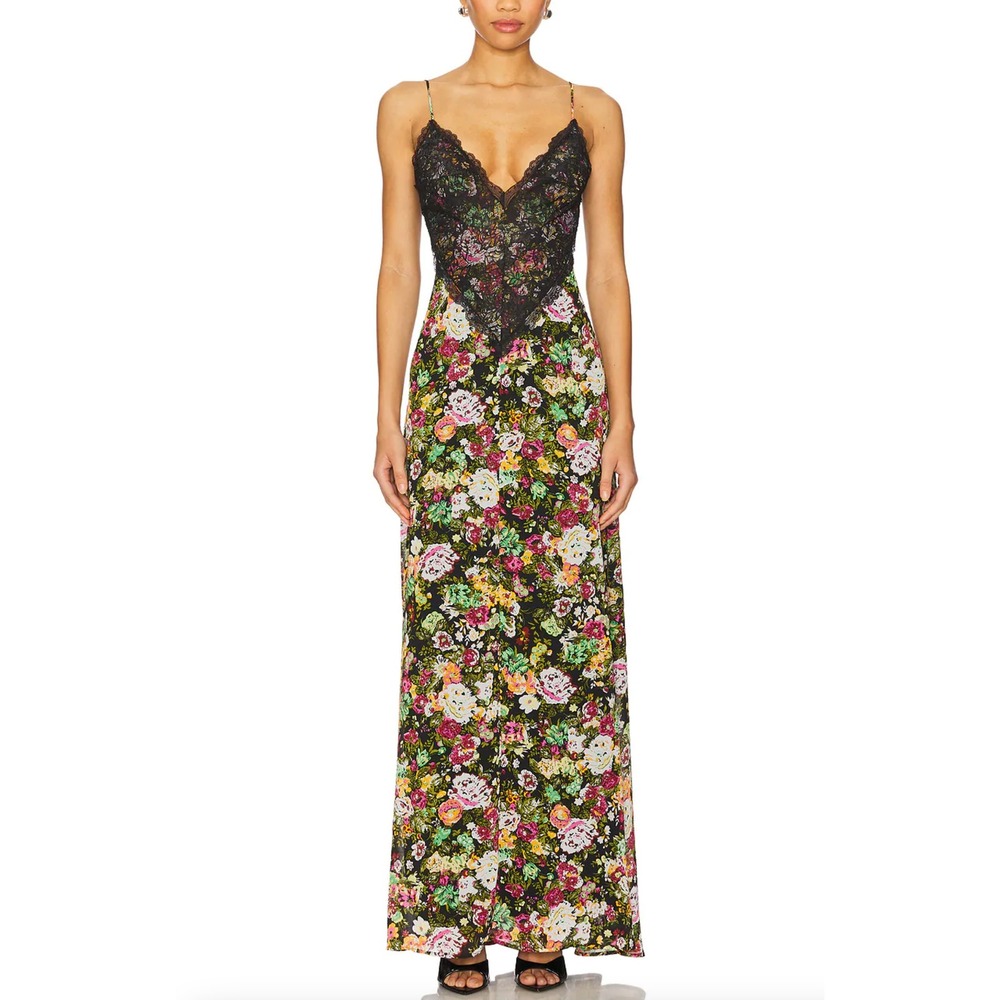 AFRM Prianka Maxi Dress in Vintage Lace Floral Plunging V Neckline Womens L